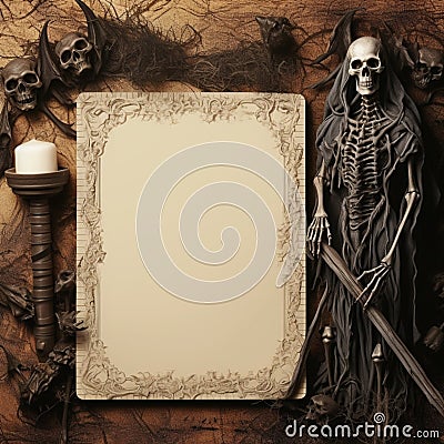 blank notebook frame Halloween theme, Satan, Grim Reaper Stock Photo